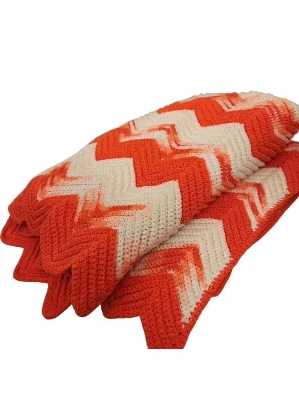 Vtg 70s XL Crochet Ripple Afghan Blanket 55x88 Bright Pink White Chevron Retro